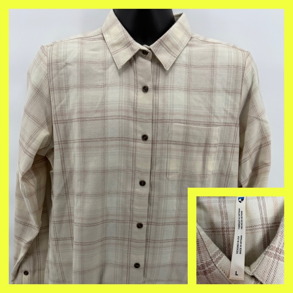 KÜHL Whisper Flannel Shirt Women's Large Vanilla Plaid Soft Cotton Blend NWT